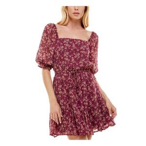 TRIXXI Womens Ruffled Tie Pouf Sleeve Square Neck Mini Evening Fit + Flare Dress